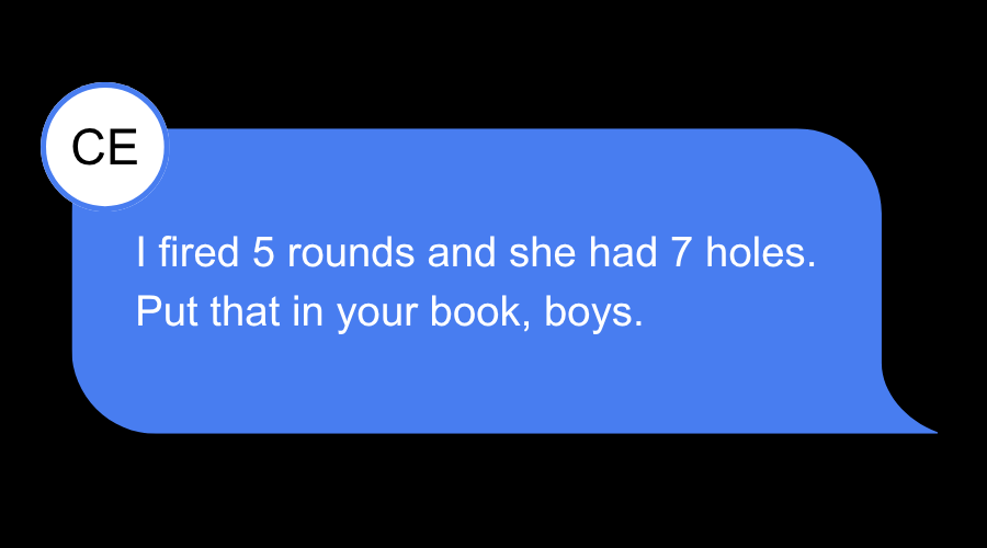 Border Patrol officer Charles Exum who shot Chicago woman Miramar Martinez boasts about the incident in a text that reads "5 shots, 7 holes, put that in your book, boys." The incident occurred in a Chicago neighborhood on Oct. 4th, 2025.