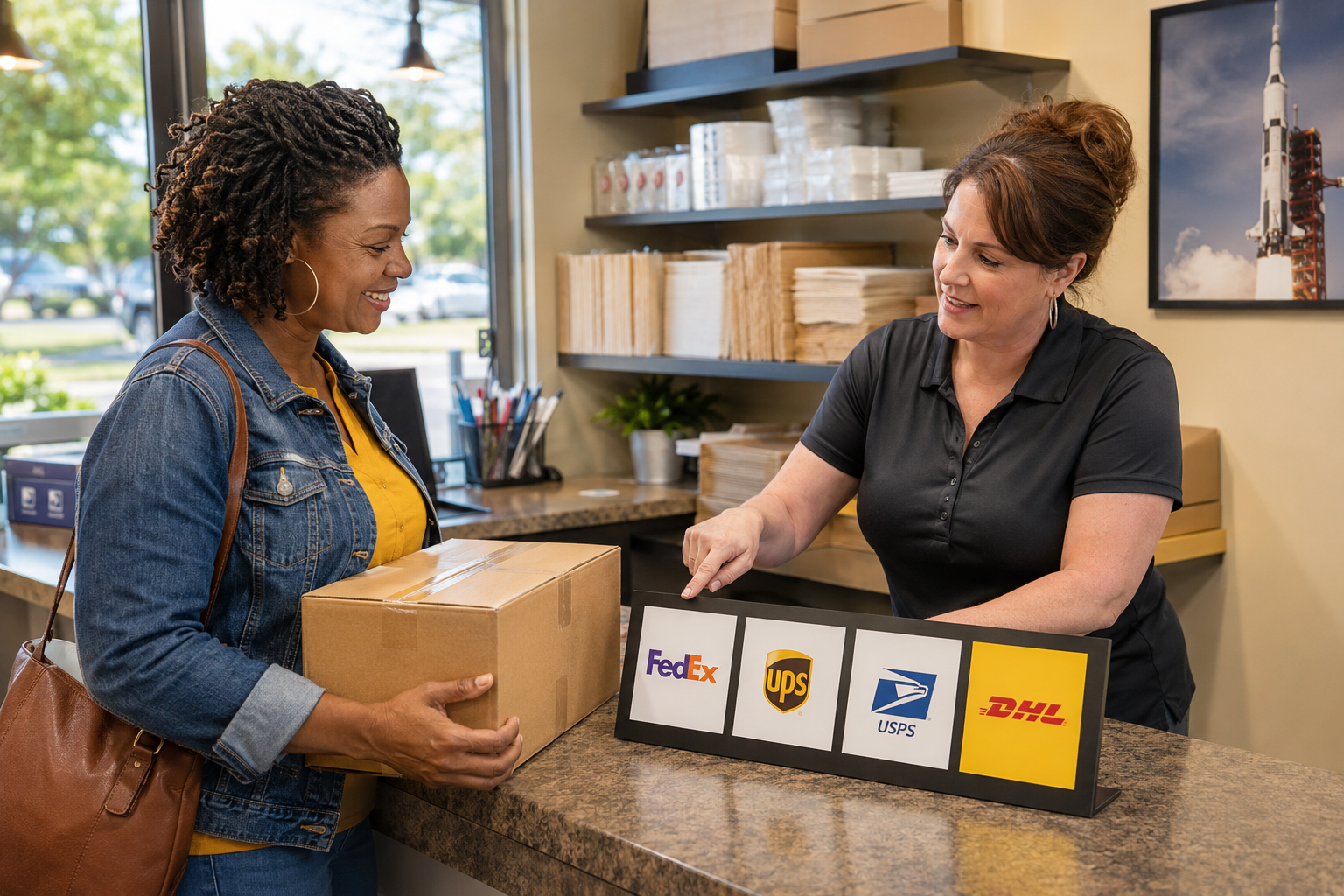 DH Solutions shipping specialist helping a Huntsville customer compare FedEx, UPS, USPS, and DHL