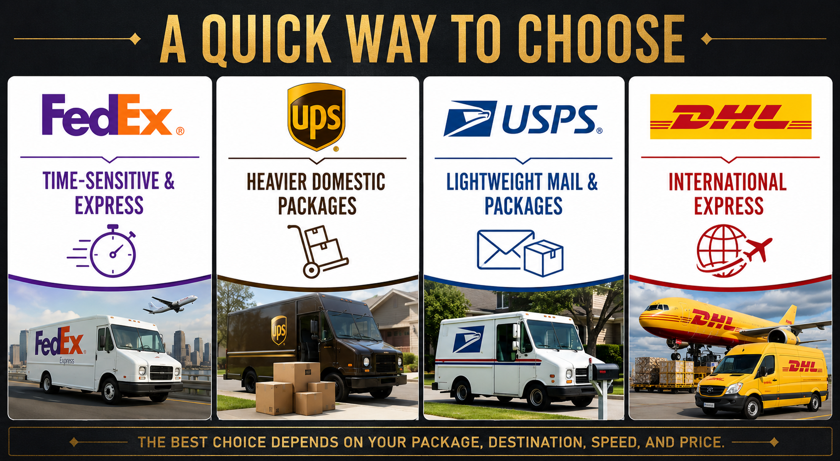 Quick visual guide showing typical strengths of FedEx, UPS, USPS, and DHL