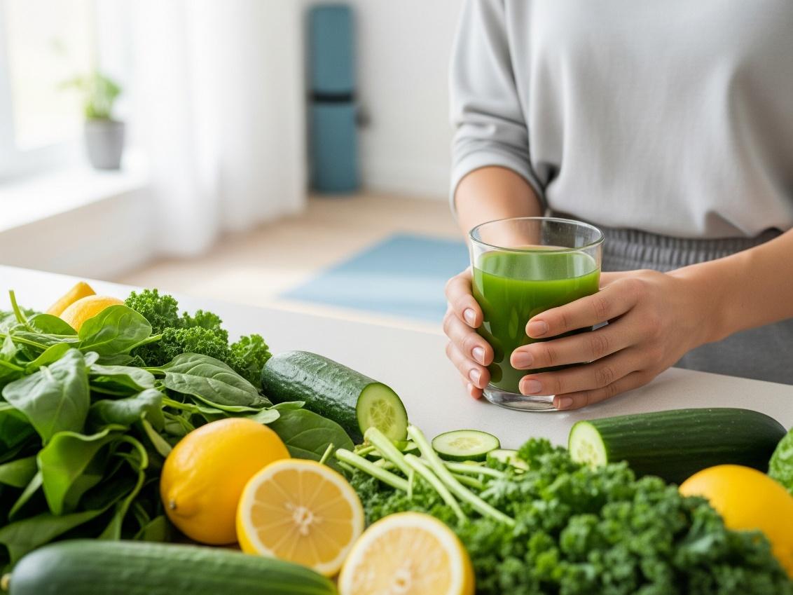 Fresh fruit and vegetable juices in glasses with various colorful produce