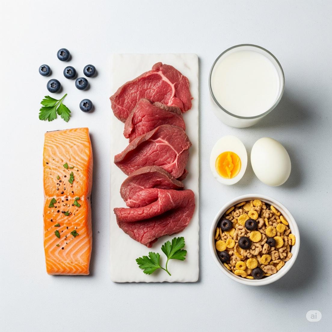 Vitamin B12 rich foods including meat, seafood, eggs, dairy products, and fortified foods
