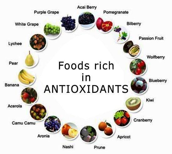 Colorful antioxidant-rich foods including berries, citrus fruits, nuts, seeds, leafy greens, and vegetables