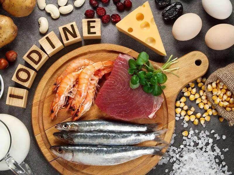 Iodine-rich foods including seafood, dairy products, eggs, iodized salt, fruits and vegetables