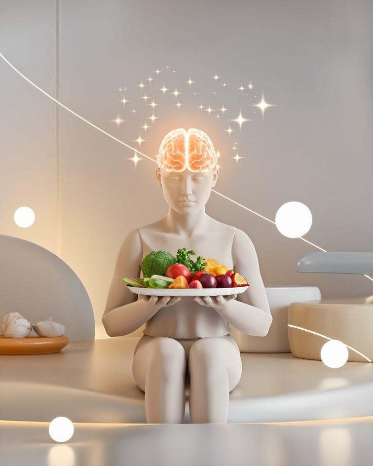 Gut-brain axis illustration showing connection between nutrition, gut microbiome, and brain function