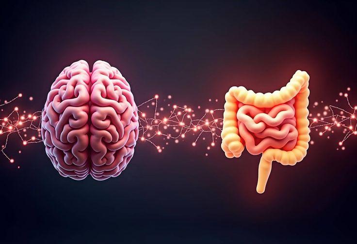 Illustration of gut-brain axis showing vagus nerve connection and neurotransmitter production in the gut
