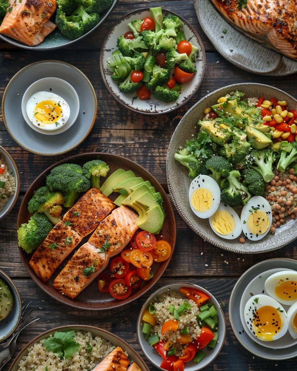 High protein foods including lean meats, eggs, fish, dairy, legumes, soy products, nuts, and seeds