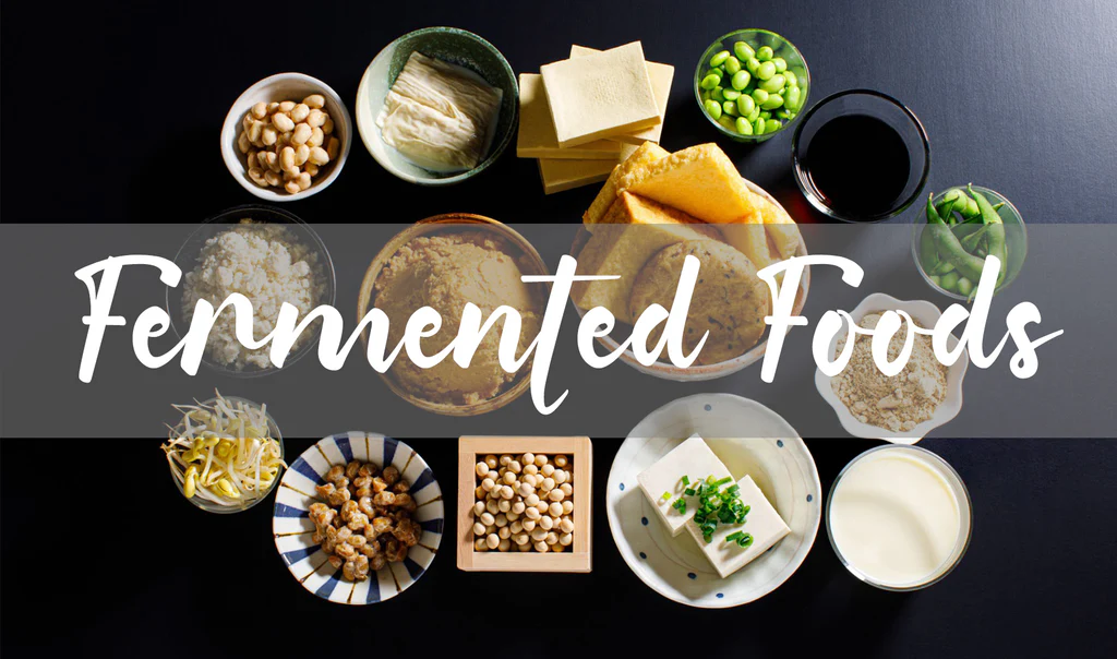 Variety of fermented foods including yogurt, kefir, sauerkraut, kimchi, kombucha, and tempeh