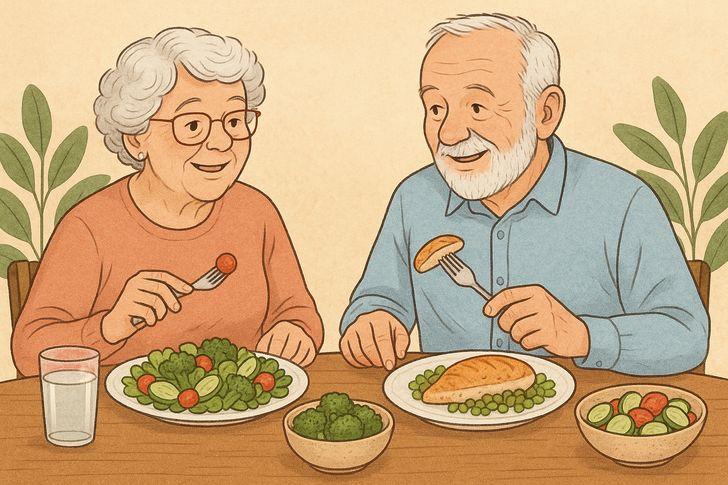 Nutrient-dense foods for older adults including lean proteins, colorful vegetables, whole grains, and fortified dairy products