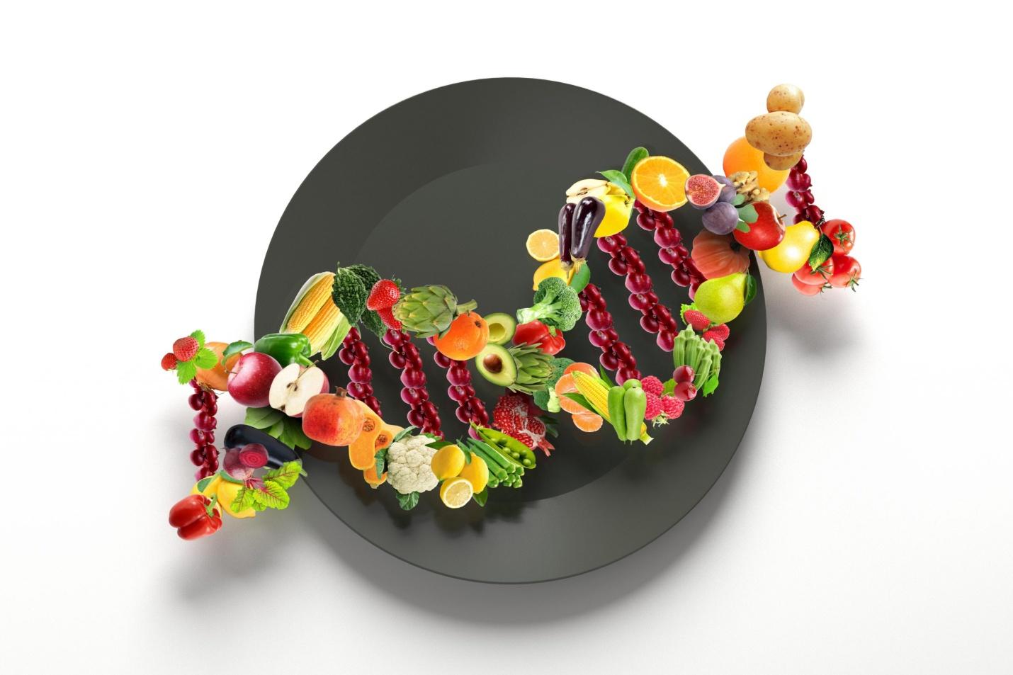 DNA structure showing genes and nutrients interaction with active food components like theaflavins, catechins, curcumin, and resveratrol