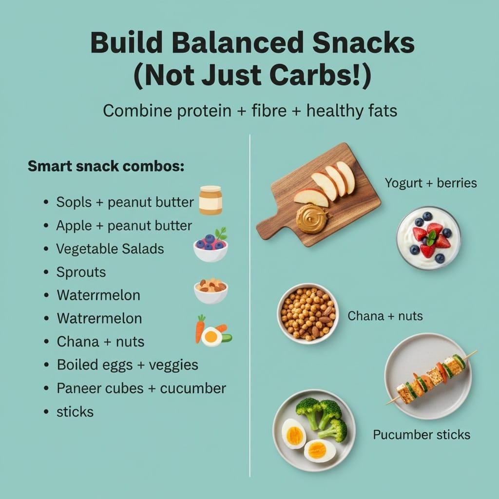 Balanced snack combinations with protein, fiber, and healthy fats including yogurt with berries and nuts