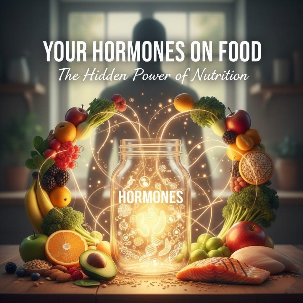 Hormone-balancing foods including protein sources, healthy fats, fiber-rich vegetables, and low-GI carbohydrates