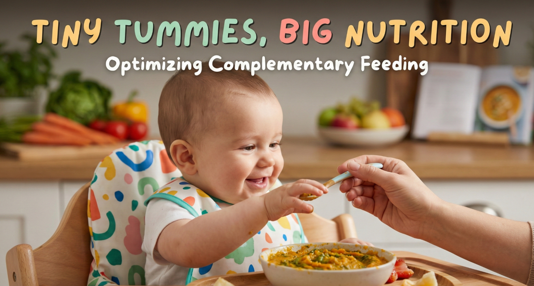Nutrient-dense complementary foods for infants including pureed vegetables, iron-fortified cereals, and mashed fruits