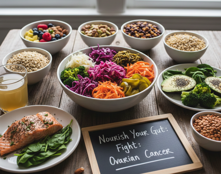 Probiotic and prebiotic foods for gut health including curd, kefir, banana, oats, and garlic