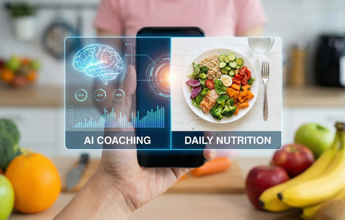 AI-powered nutrition platform showing automated client assessment, meal planning, and data analysis dashboard