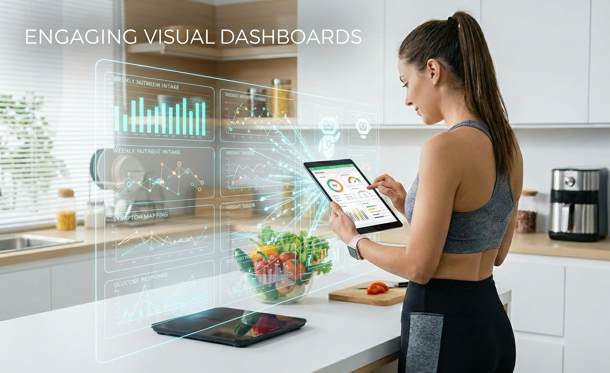 Wearable devices and real-time monitoring showing glucose trends, activity tracking, and AI-generated insights