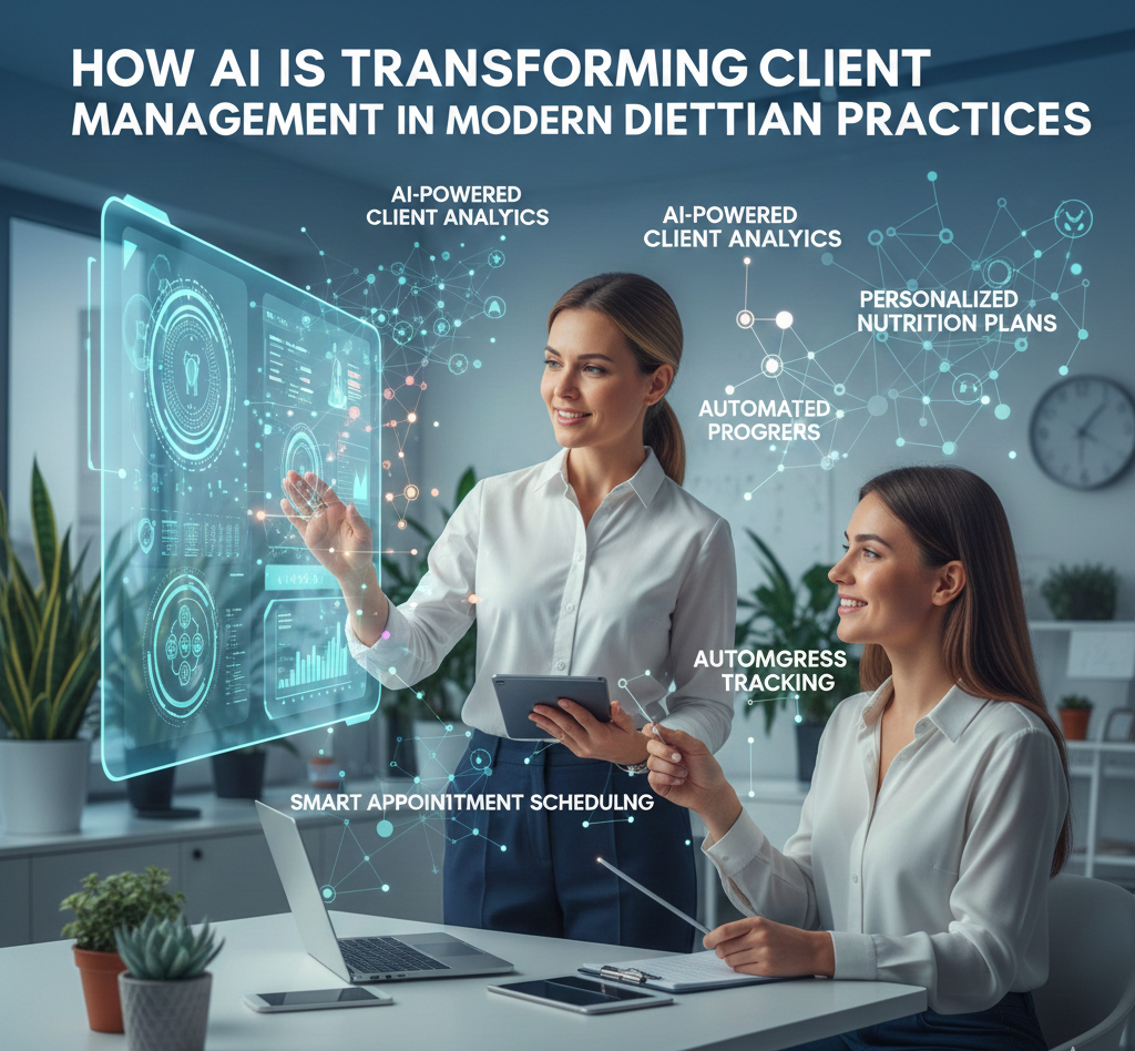 AI-powered dietitian dashboard showing automated scheduling, client progress tracking, and administrative workflow management