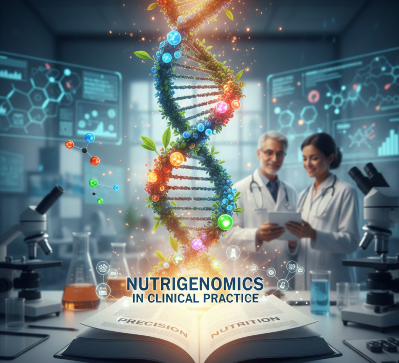 DNA helix with nutritional elements showing genetic variations influencing nutrient metabolism and dietary responses