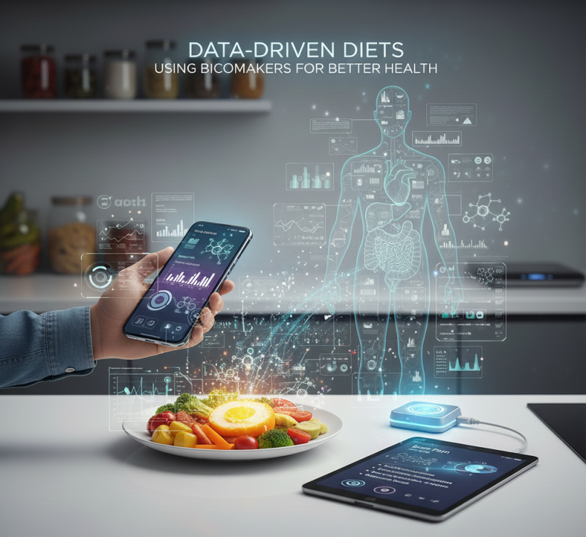 Blood test and biomarker analysis showing glucose levels, cholesterol, vitamins, and inflammatory markers for nutrition planning