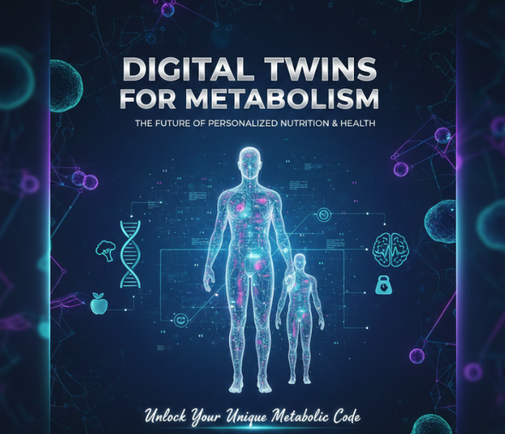 Virtual metabolic digital twin model showing data integration from CGM, body composition, diet, activity, sleep, and gut health