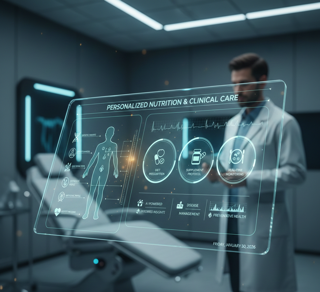 AI-powered digital twin analyzing metabolic responses and predicting outcomes for personalized nutrition planning