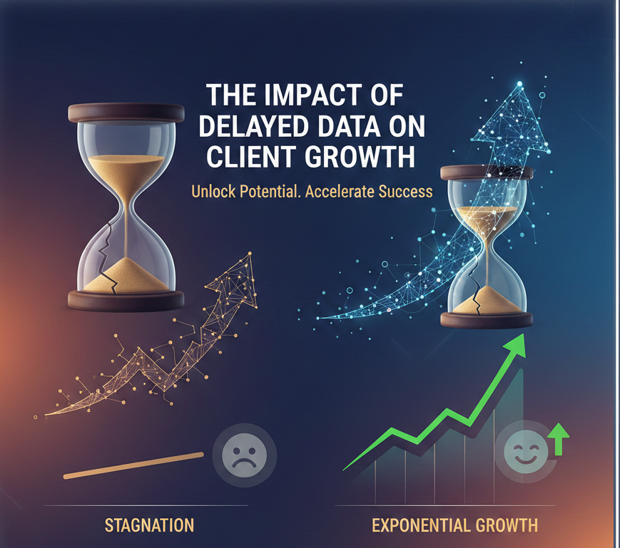 Comparison showing delayed data versus real-time data impact on decision-making and client progress