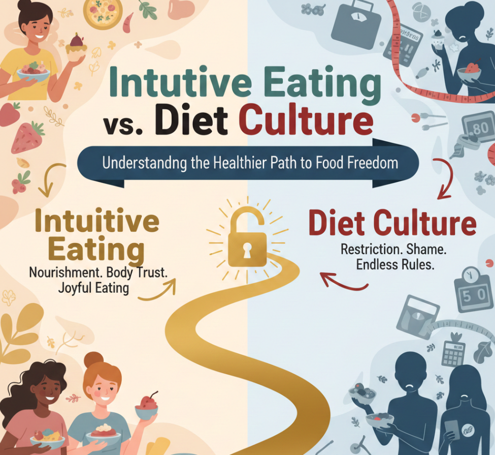 Comparison showing intuitive eating principles versus diet culture restrictions and rules