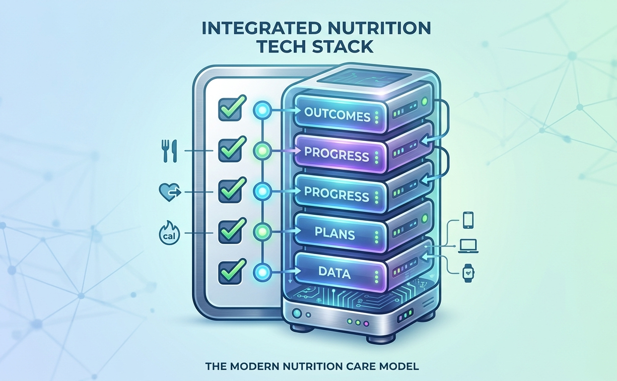 Digital nutrition tech stack showing wearables, AI-powered food logging, health tracking devices, and real-time data integration