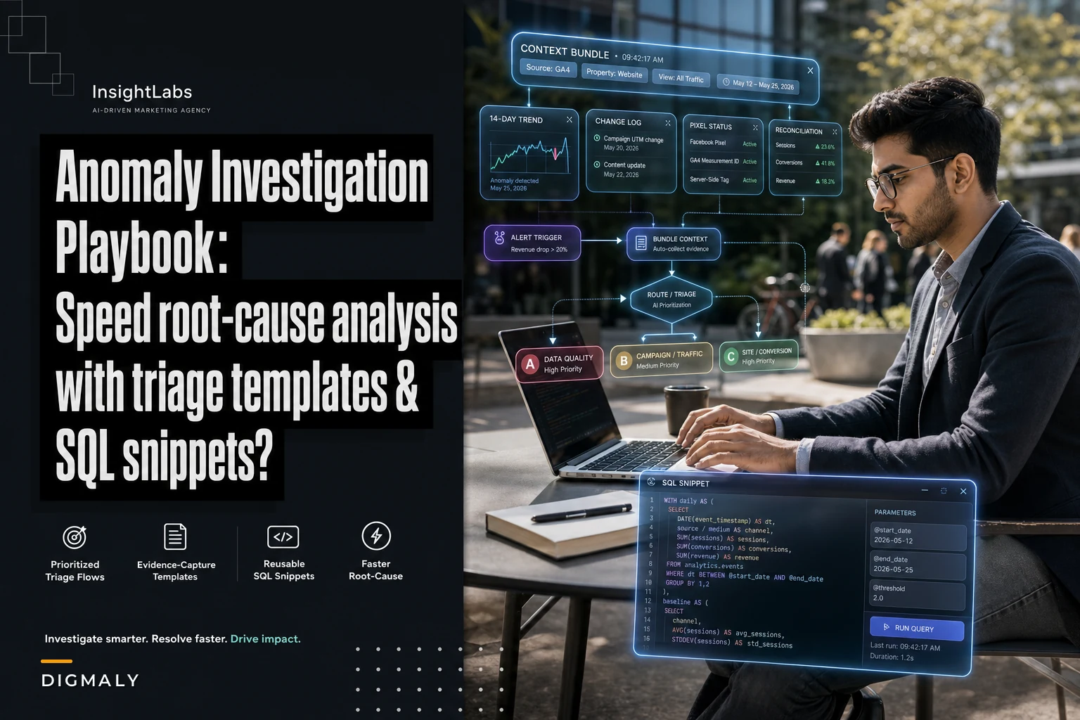 Automated anomaly investigation playbook with triage templates and SQL snippets
