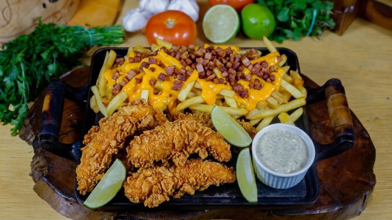 Frango Crocante com Fritas Cheddar e Bacon.
