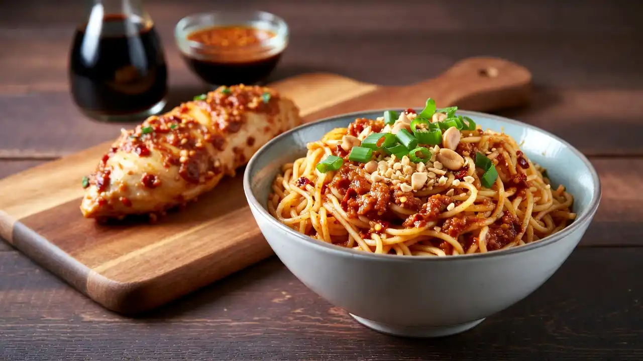 Spicy Peanut Noodles with Chicken, plated dish