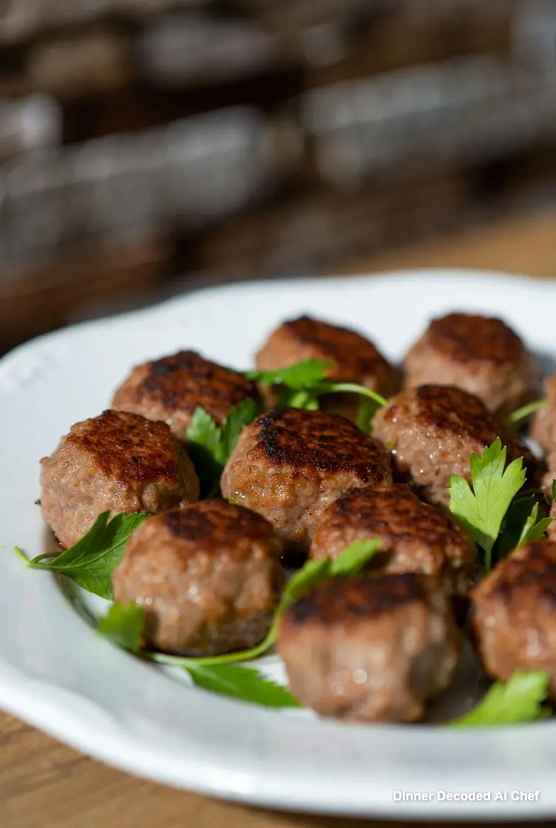 Pan-fried Albanian Qofte meatballs, golden brown and garnished with fresh parsley, served on a white ceramic plate, close-up.