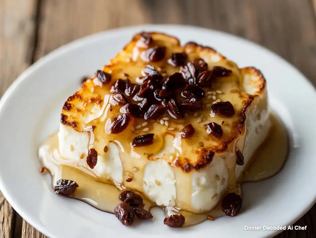 Warm baked feta cheese block drizzled with golden honey and sprinkled with toasted sesame seeds, presented on a white