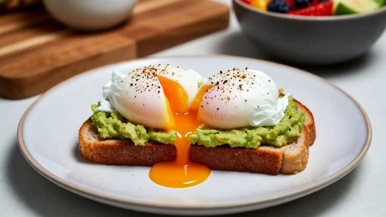 Avocado Toast with Poached Eggs and Everything Bagel Seasoning, plated dish