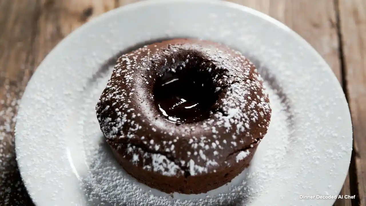 Close-up, top-down view of a warm chocolate lava cake with a glossy molten center, dusted with powdered sugar, on a white