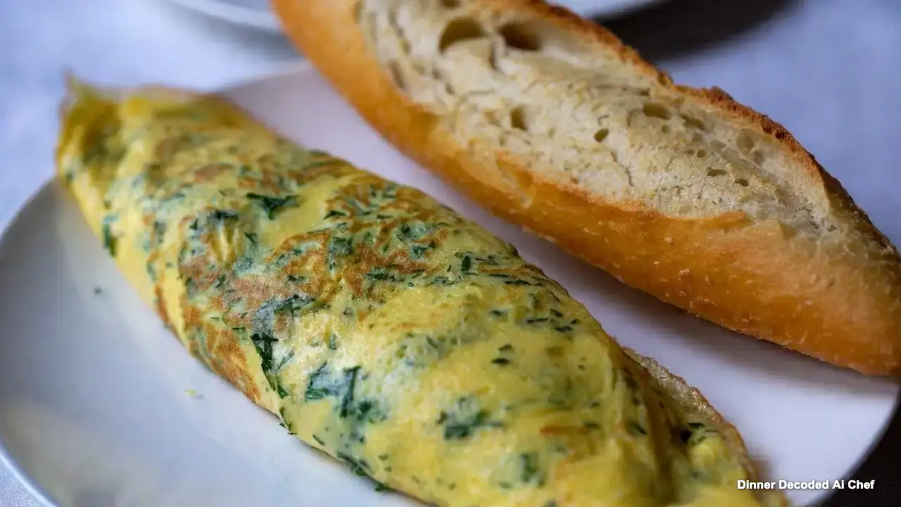 Close-up top-down view of a golden, folded French omelette garnished with fresh green chives, served on a white ceramic