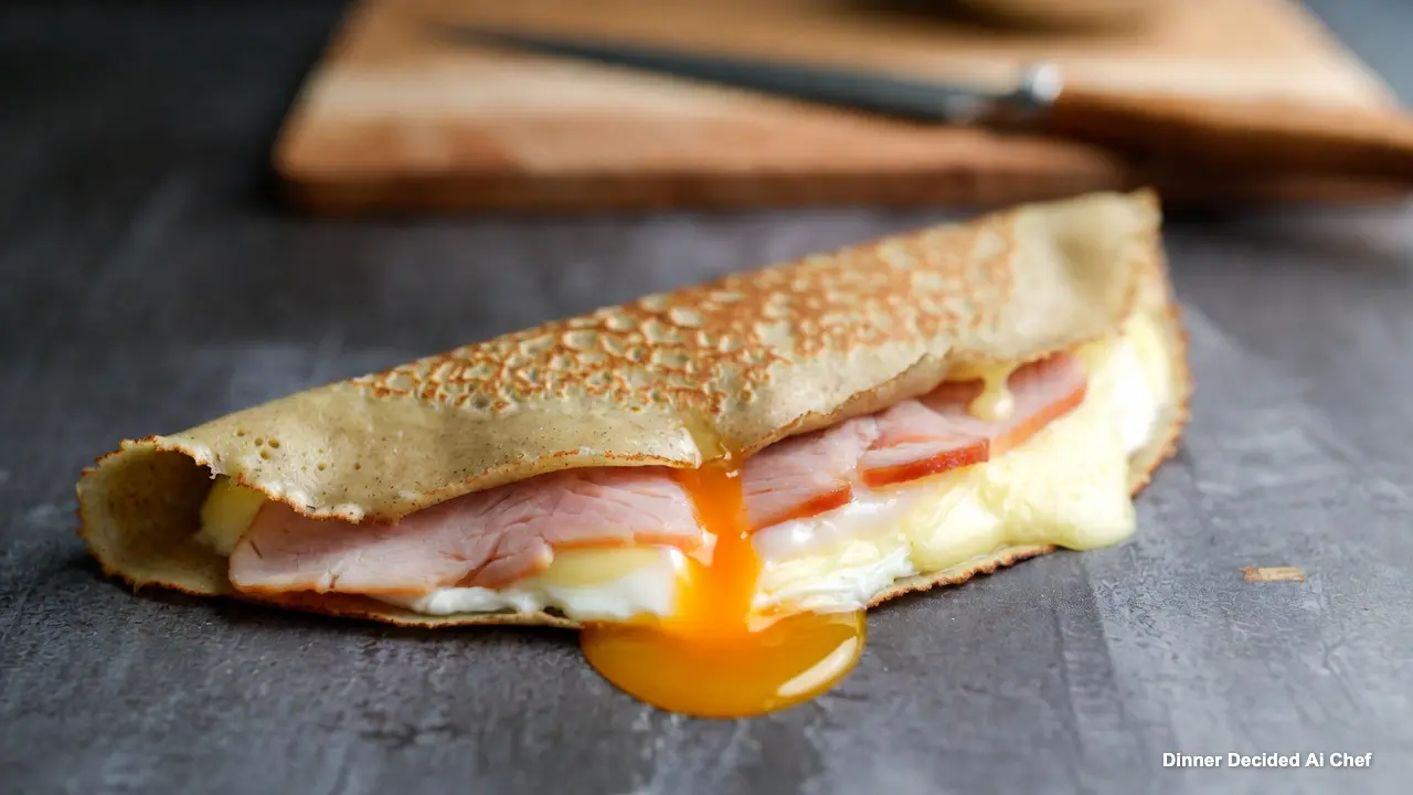 Top-down view of a golden-brown buckwheat galette folded into a square, revealing a fried egg with a runny yolk, melted