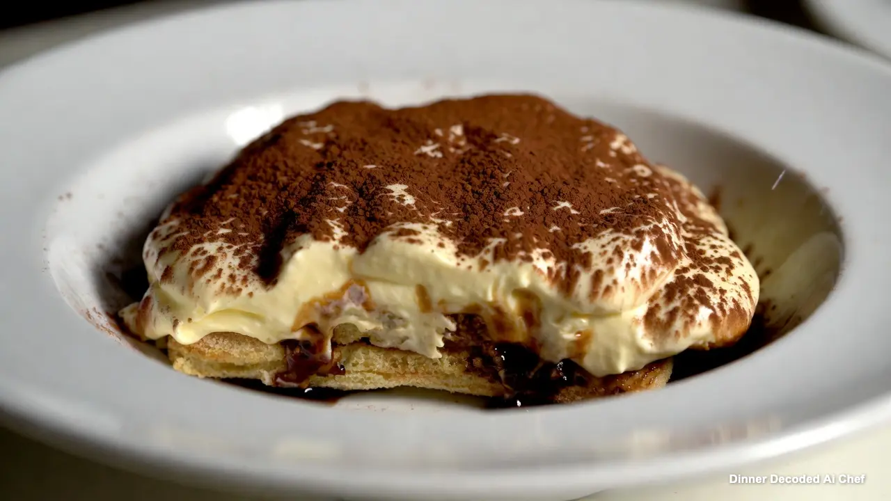 Creamy Tiramisu dessert served in a white bowl, showing layers of coffee-soaked ladyfingers, mascarpone cream, and cocoa