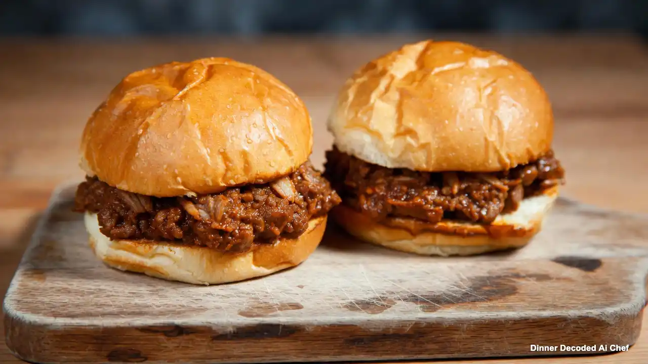 A close-up, top-down view of two classic Sloppy Joe sandwiches on a rustic wooden board, filled with glossy, savory ground