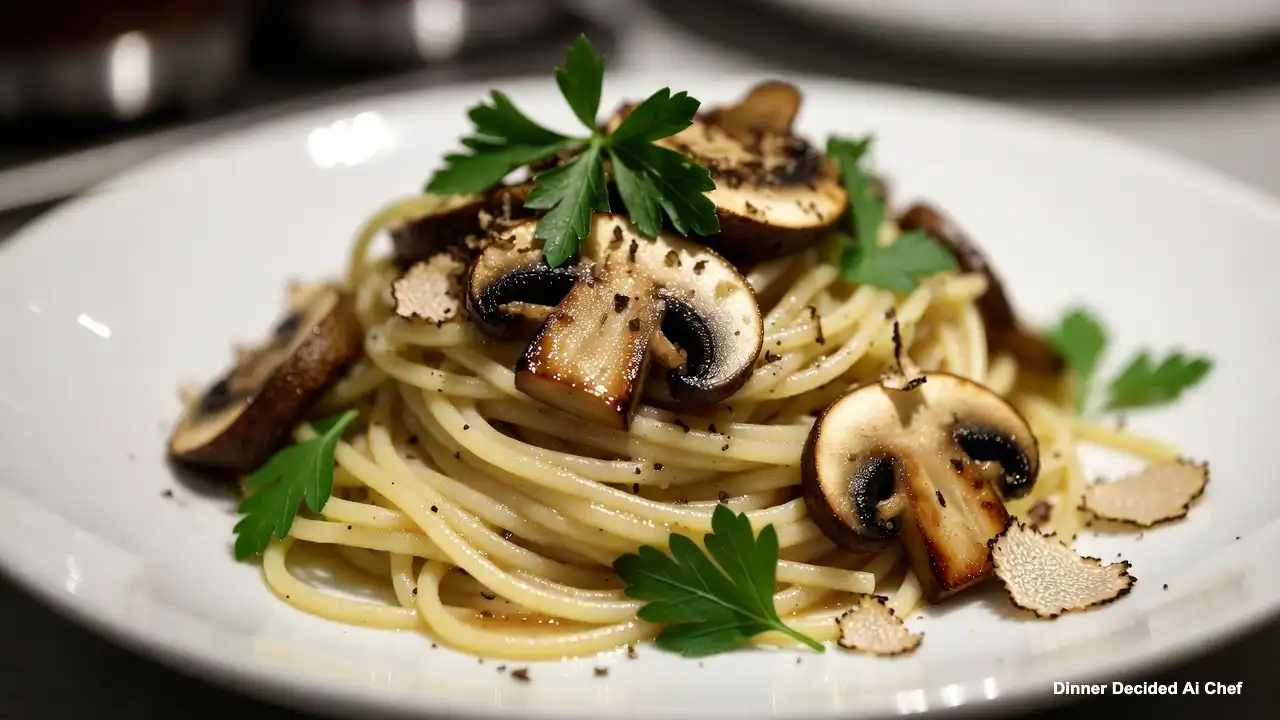 Close-up of glossy spaghetti with seared wild mushrooms, garnished with fresh parsley and delicate black truffle shavings on