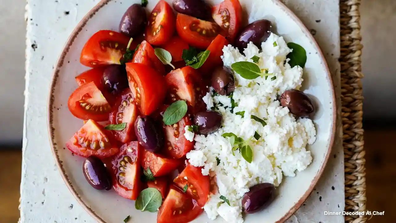 Top-down view of a vibrant Dakos salad on a ceramic plate, featuring chunky red tomatoes, crumbled white feta, dark Kalamata