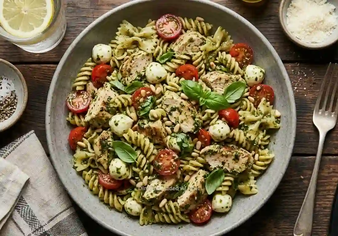Quick Chicken Pesto Pasta Salad, plated dish
