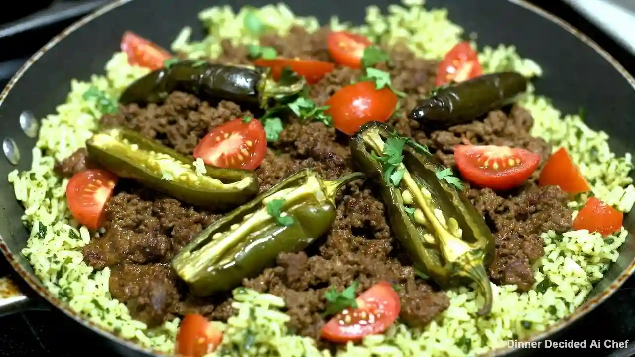 Tex-Mex Ground Beef and Poblano Skillet with Cilantro-Lime Rice, plated dish