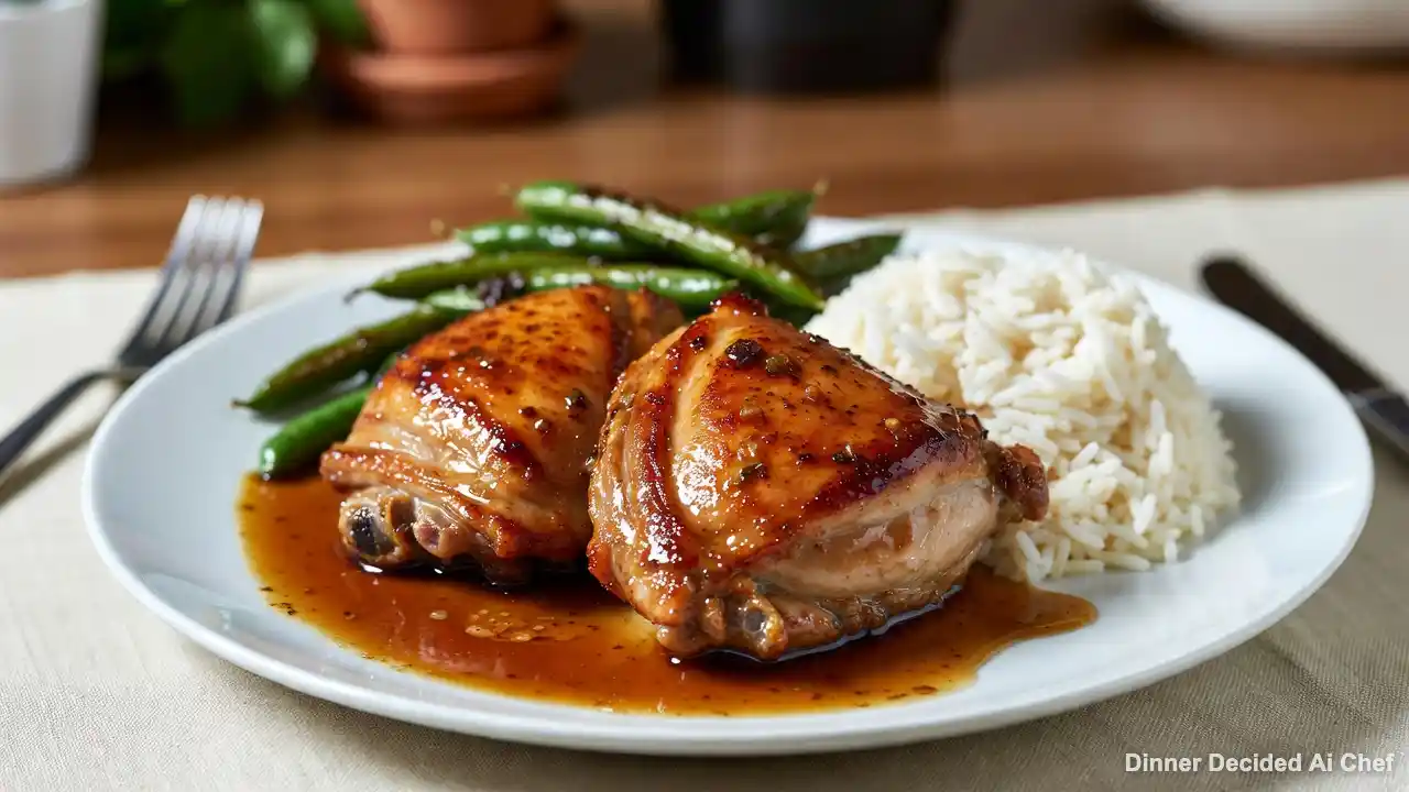 Skillet Honey-Garlic Chicken Thighs with Roasted Green Beans and Fluffy Rice, plated dish
