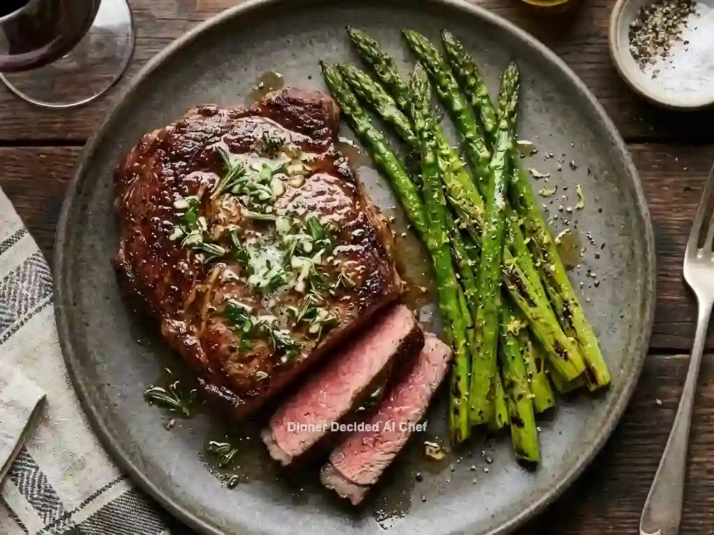 Pan-Seared Sirloin Steak with Garlic Herb Butter and Roasted Asparagus, plated dish