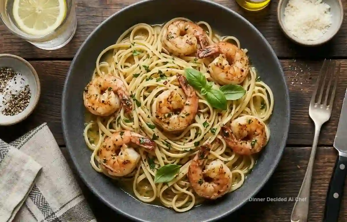 Quick Lemon Garlic Shrimp Scampi with Linguine, plated dish