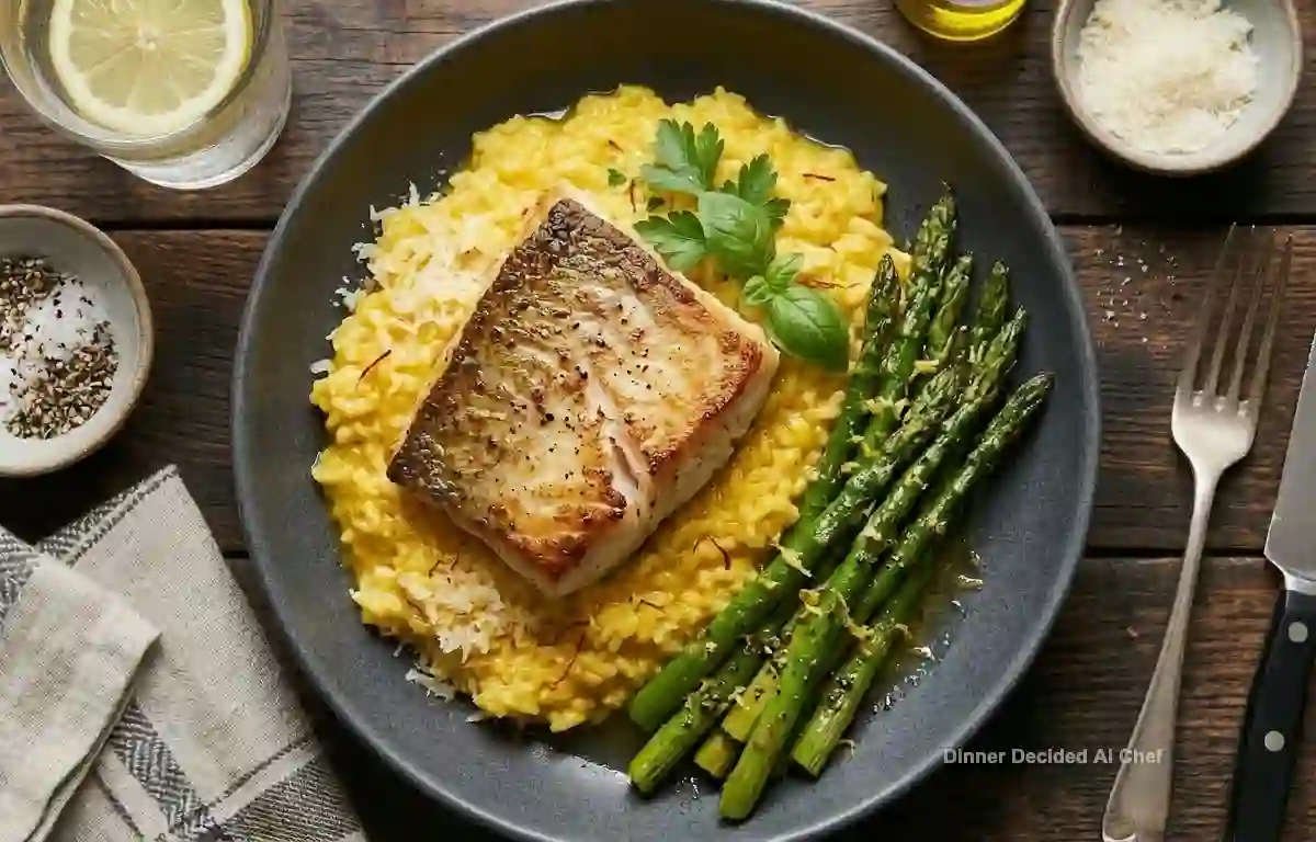 Pan-Seared Halibut with Saffron Risotto and Lemon-Garlic Asparagus, plated dish