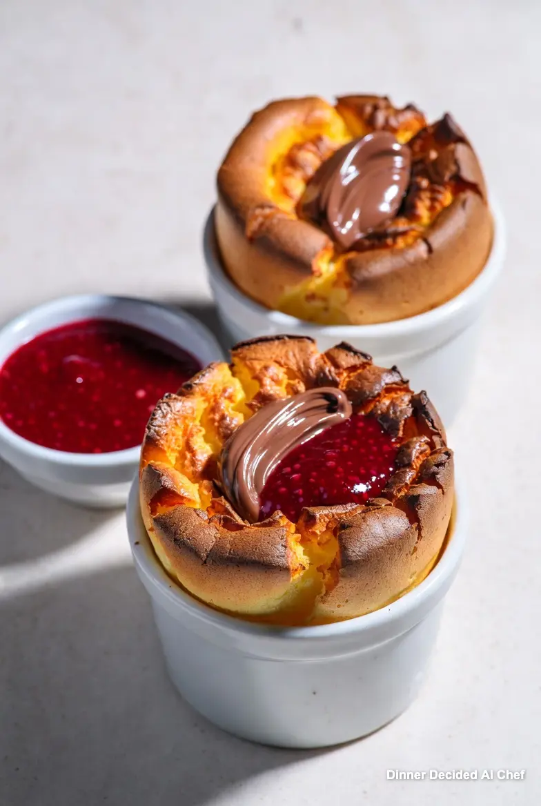 Two golden Grand Marnier Nutella soufflés, perfectly risen in white ceramic ramekins, with a vibrant raspberry coulis