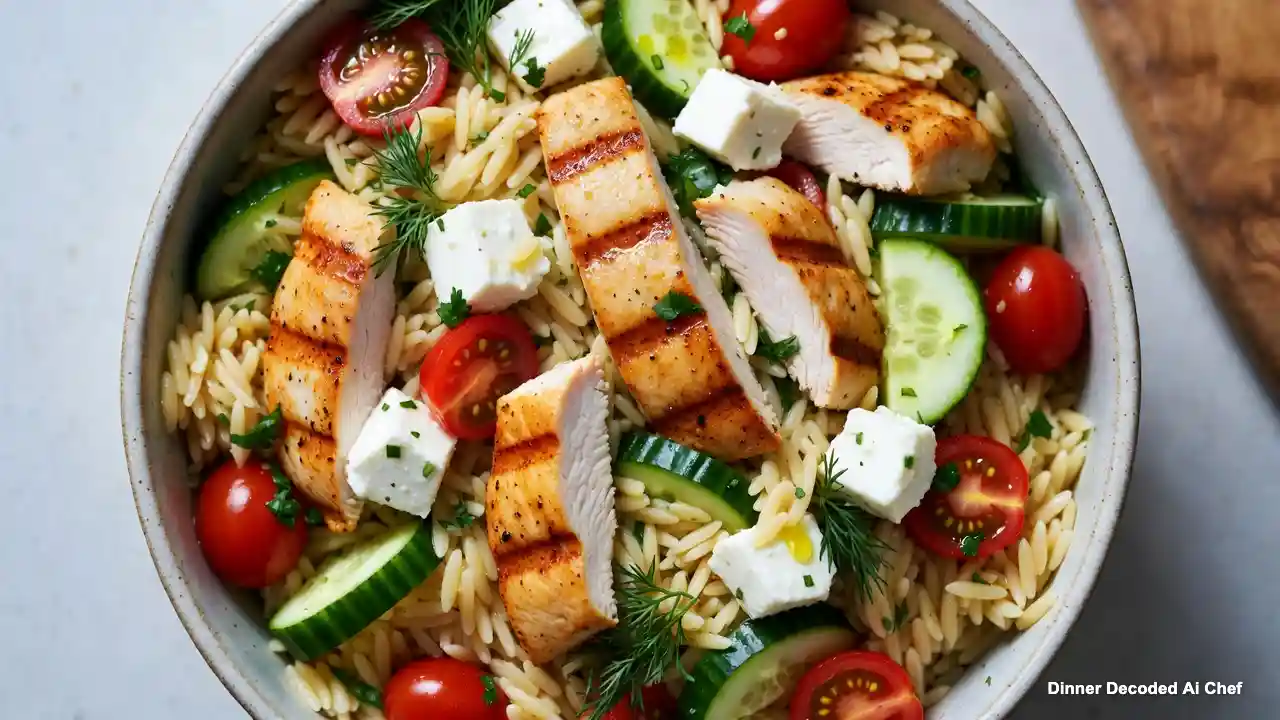 Top-down view of a vibrant Greek Chicken and Orzo Salad in a ceramic bowl, featuring seared chicken, al dente orzo, crisp