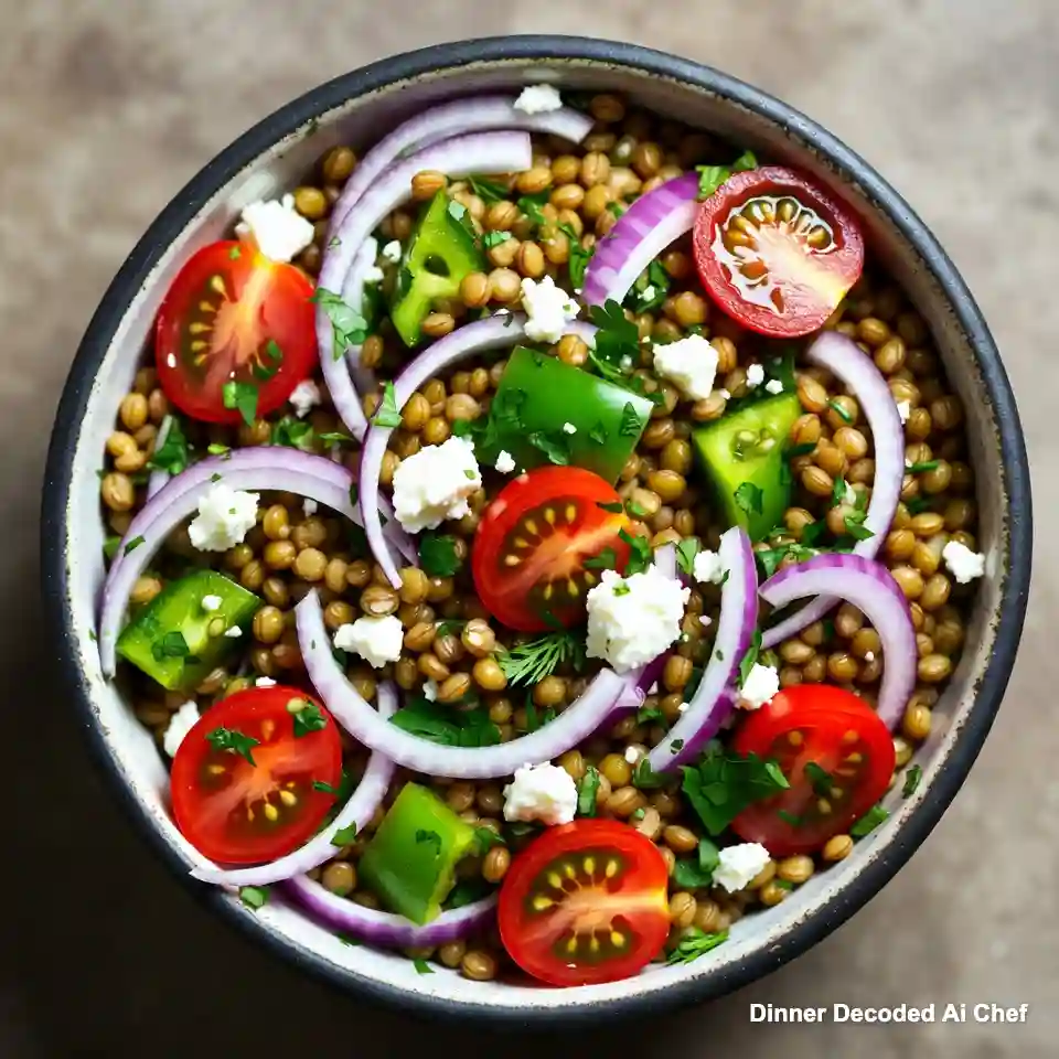 Top-down view of a vibrant Greek lentil salad with red onions, cherry tomatoes, green peppers, fresh herbs, and crumbled