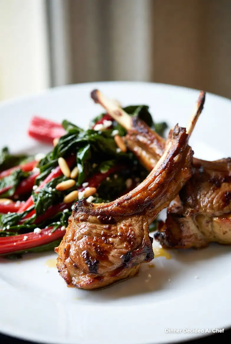 Grilled Lamb Loin Chops with Fig-Balsamic Glaze and Sautéed Swiss Chard, plated dish